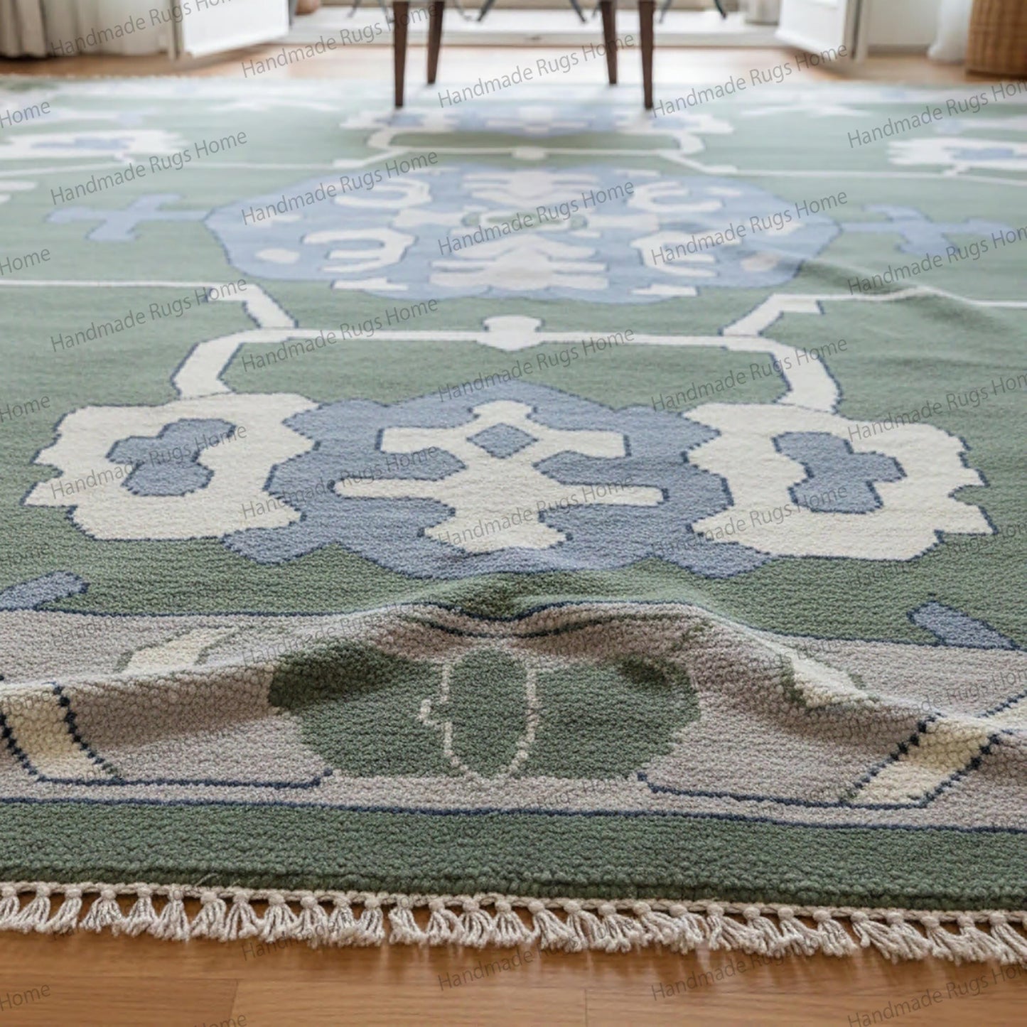 Handmade Oushak Emerald Green Carpet, Oriental Wool Rug for Living Room, Eco-Friendly Vintage Style