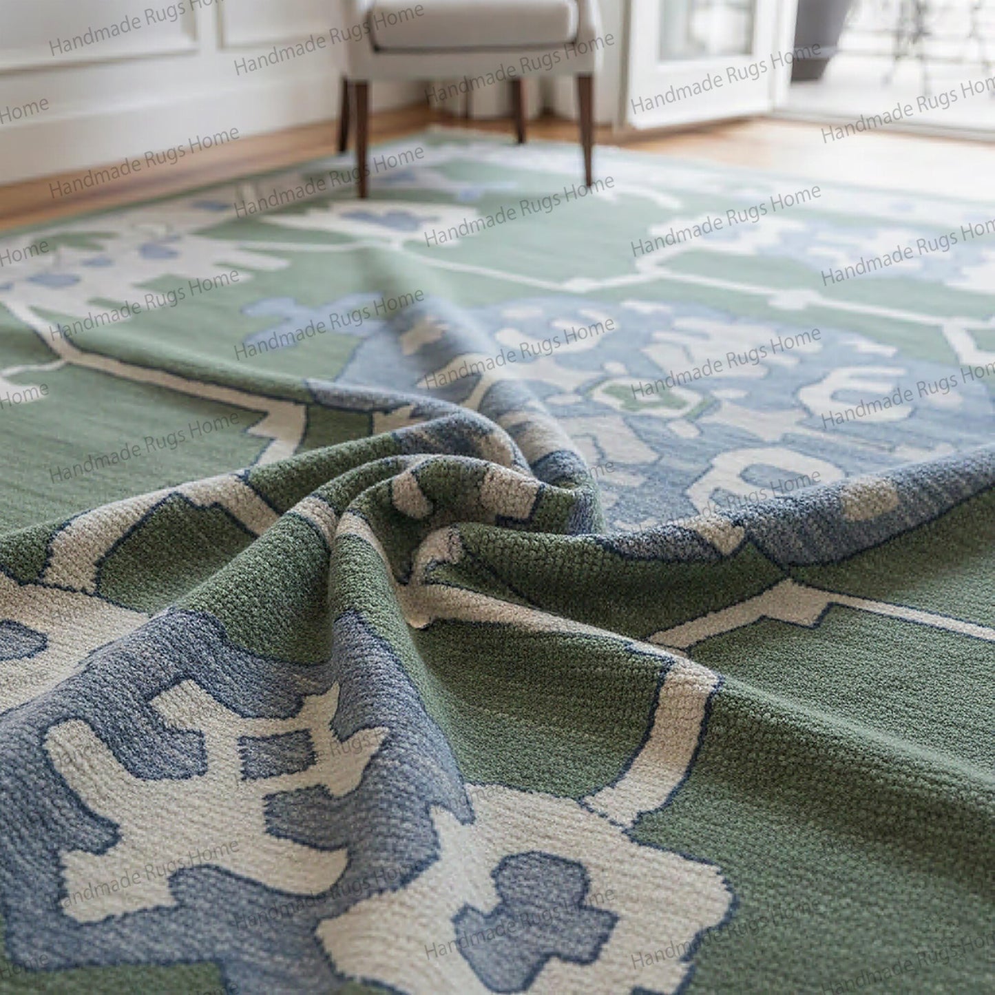 Handmade Oushak Emerald Green Carpet, Oriental Wool Rug for Living Room, Eco-Friendly Vintage Style
