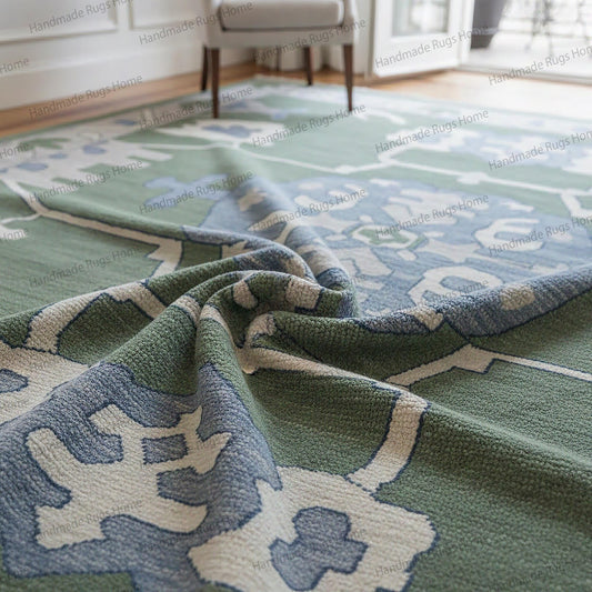 Handmade Oushak Emerald Green Carpet, Oriental Wool Rug for Living Room, Eco-Friendly Vintage Style