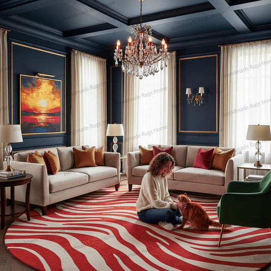Abstract Wool Area Rug: Red & Peach Modern Carpet
