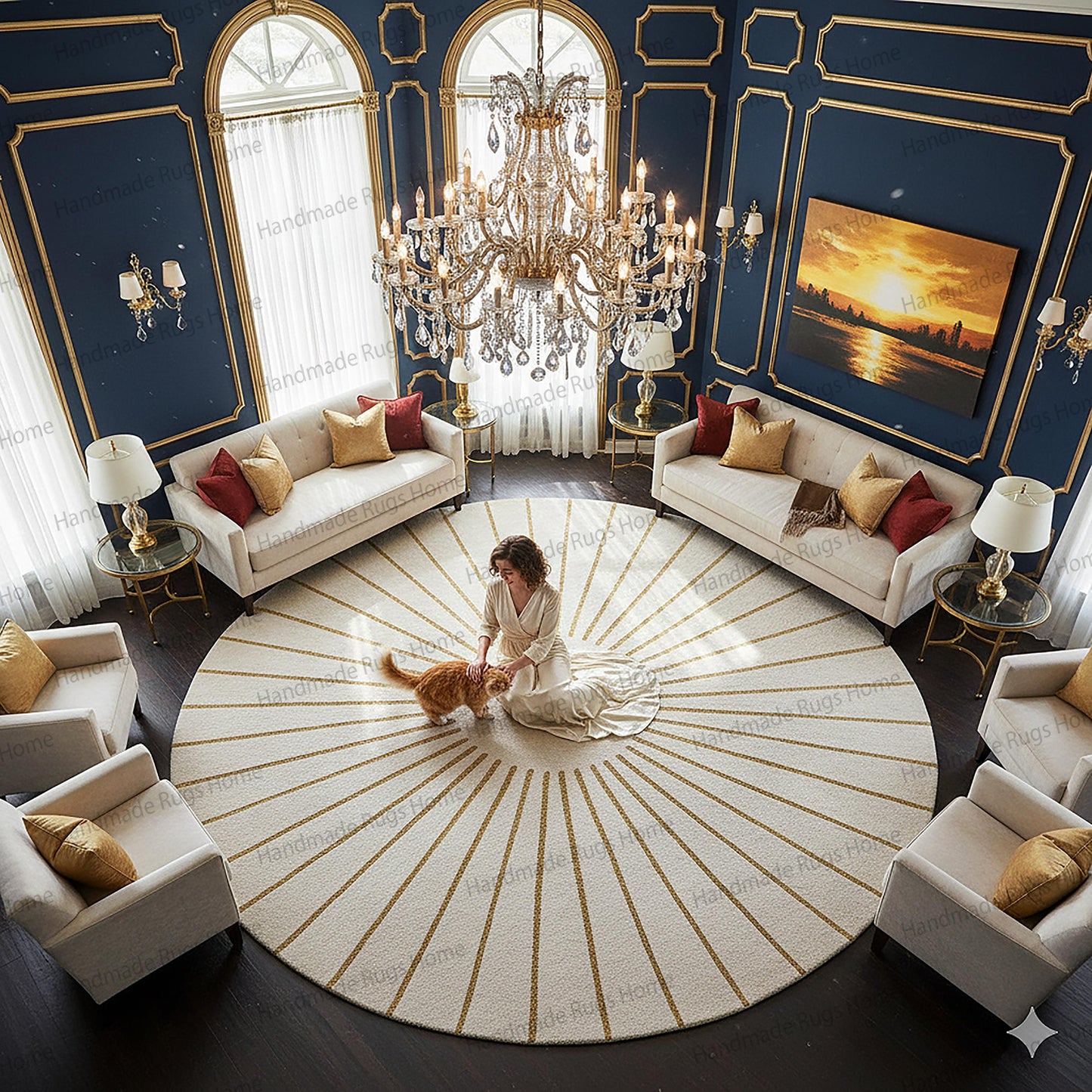 luxury round ivory gold wool rug
