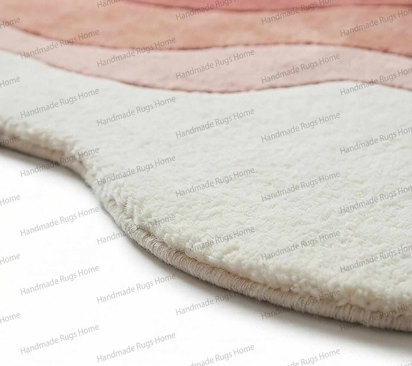 Warm sunset hues tufted into a luxurious wool carpet,

Pastel pink and white wavy rug for bright room aesthetics,

Earthy clay and salmon colored decor for bohemian homes,

Ombre effect wool pile showing transition from dark to light,

Neutral cream bands accenting deep coral sections.