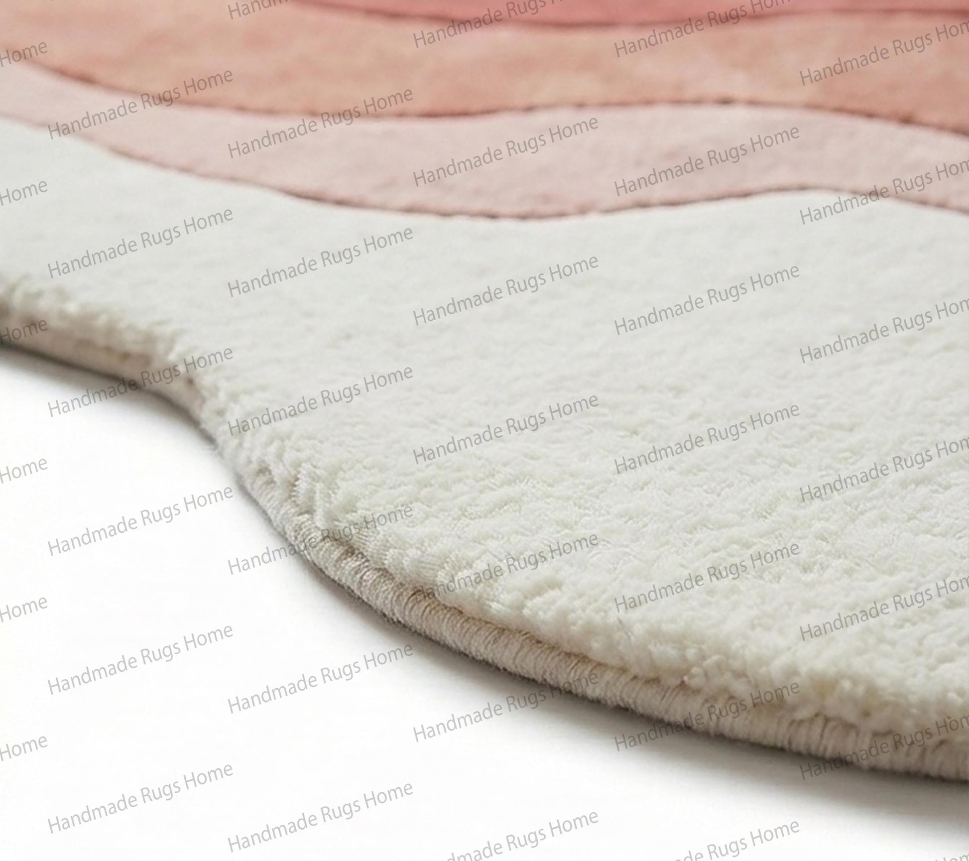 Warm sunset hues tufted into a luxurious wool carpet,

Pastel pink and white wavy rug for bright room aesthetics,

Earthy clay and salmon colored decor for bohemian homes,

Ombre effect wool pile showing transition from dark to light,

Neutral cream bands accenting deep coral sections.