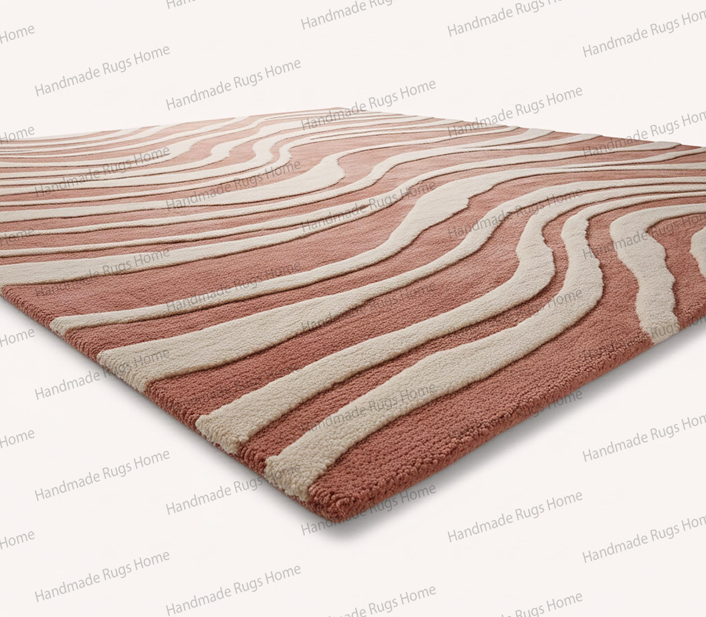 Contemporary interior decor featuring a statement rug with coral pink and off-white ripples,

Handmade floor covering showing river-like patterns in muted reddish-brown tones,

High-end living area with velvet sofas complimented by a large abstract wave carpet.