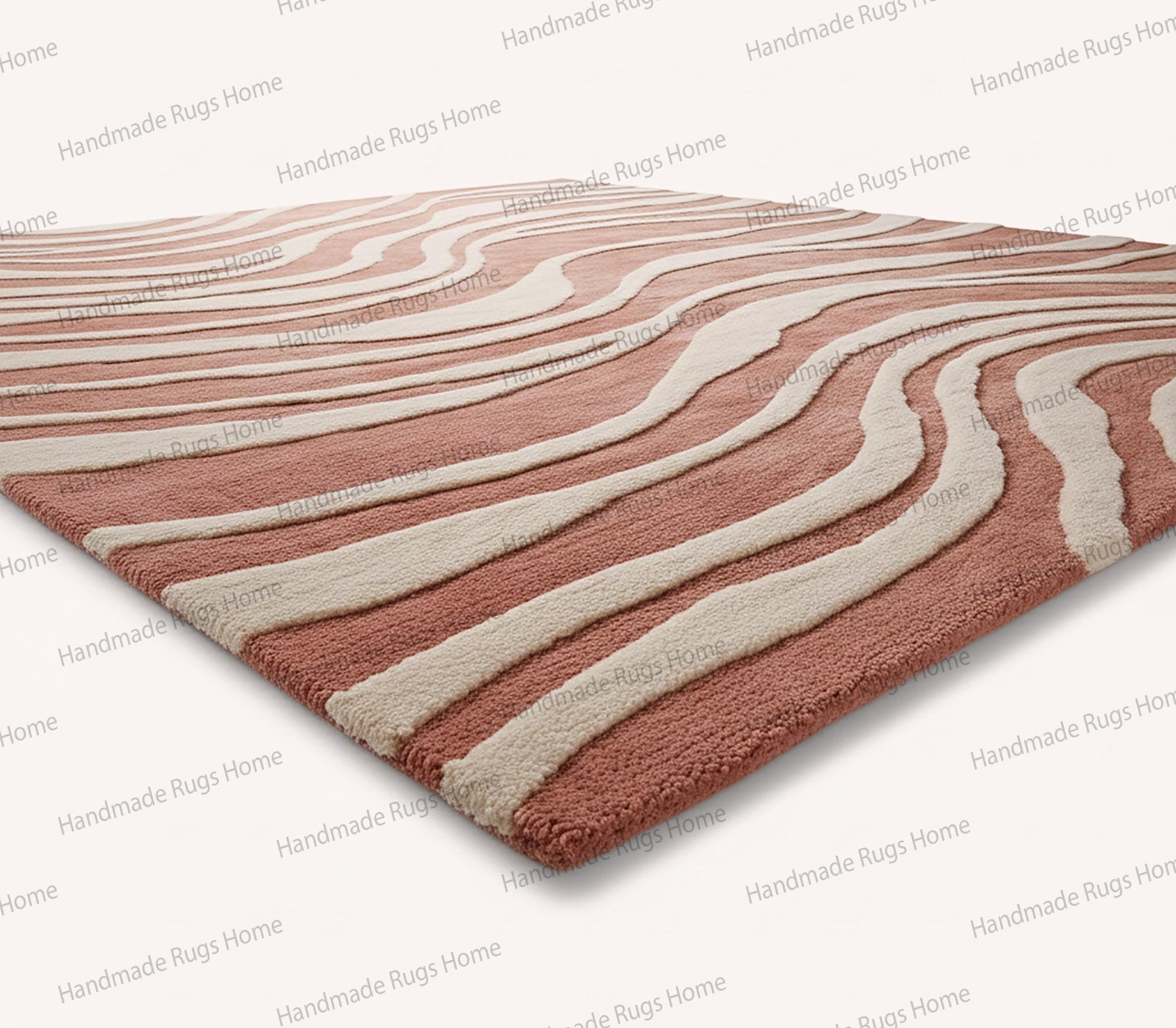 Contemporary interior decor featuring a statement rug with coral pink and off-white ripples,

Handmade floor covering showing river-like patterns in muted reddish-brown tones,

High-end living area with velvet sofas complimented by a large abstract wave carpet.