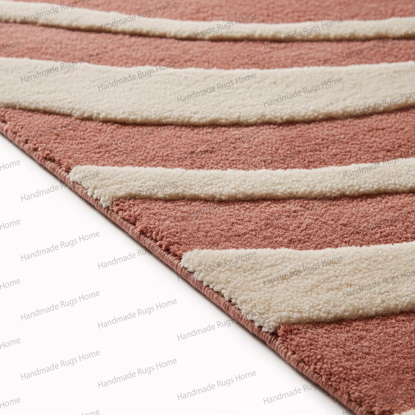 Luxurious lounge space anchored by a significant terracotta and ivory striped rug,

Plush cut pile wool mat displaying organic flowing designs in warm earthy hues.