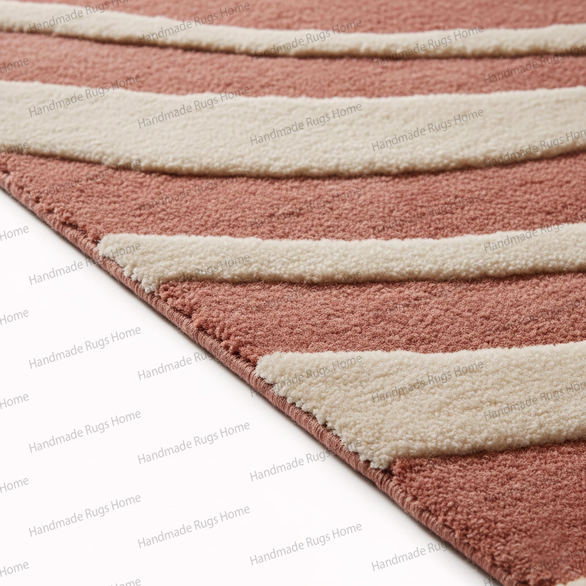 Luxurious lounge space anchored by a significant terracotta and ivory striped rug,

Plush cut pile wool mat displaying organic flowing designs in warm earthy hues.