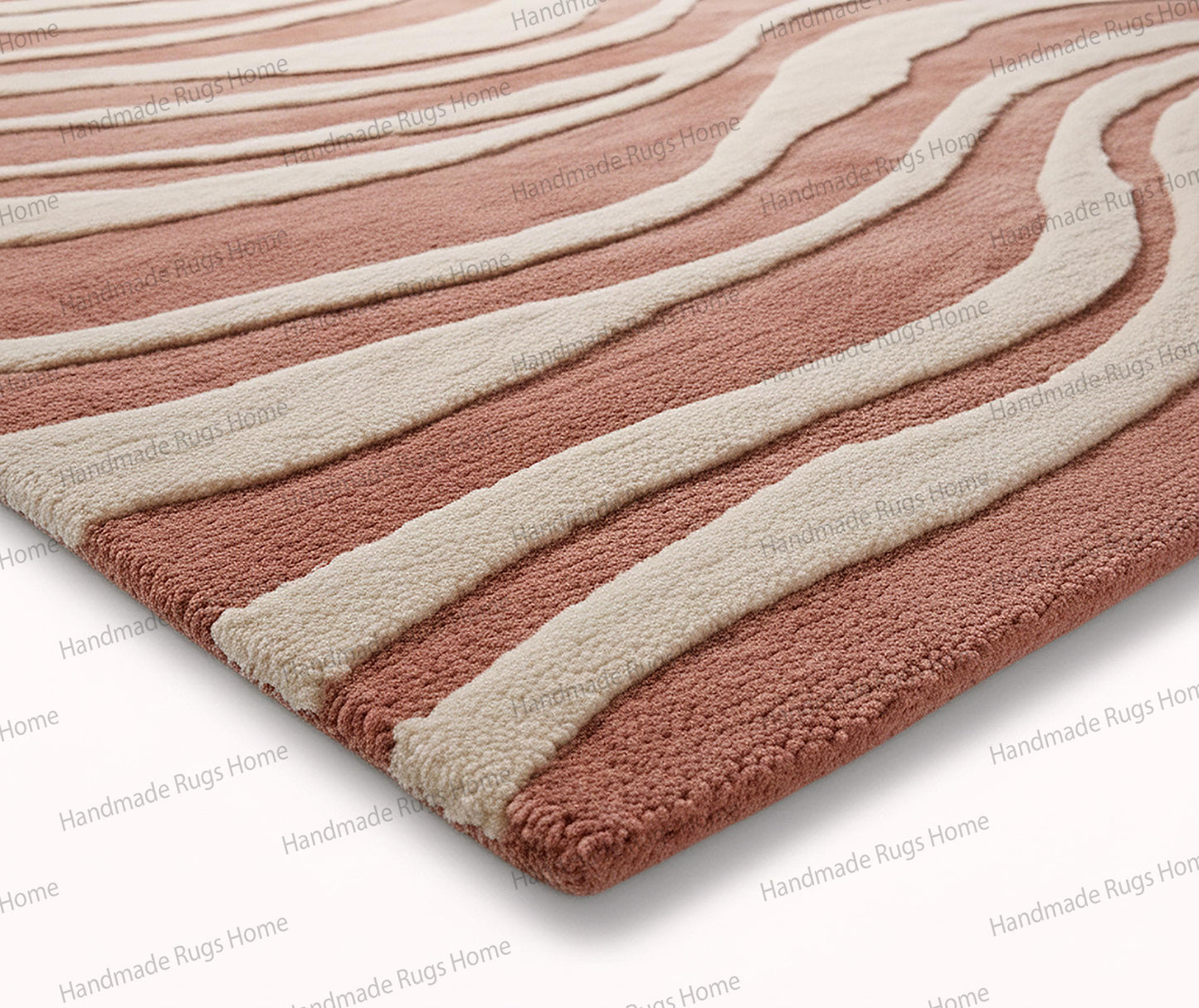 Thick woollen area rug providing texture, comfort, and warmth to a classic modern room,

Artistic floor decoration with free-form curvy stripes in soothing warm gradients,

Rectangular rug design mimicking shifting desert sand dunes in pink and beige strata,

Elegant room styling featuring a large format hand-tufted textile centerpiece,

Soft underfoot flooring made of natural fibers with a bold graphic wave motif.