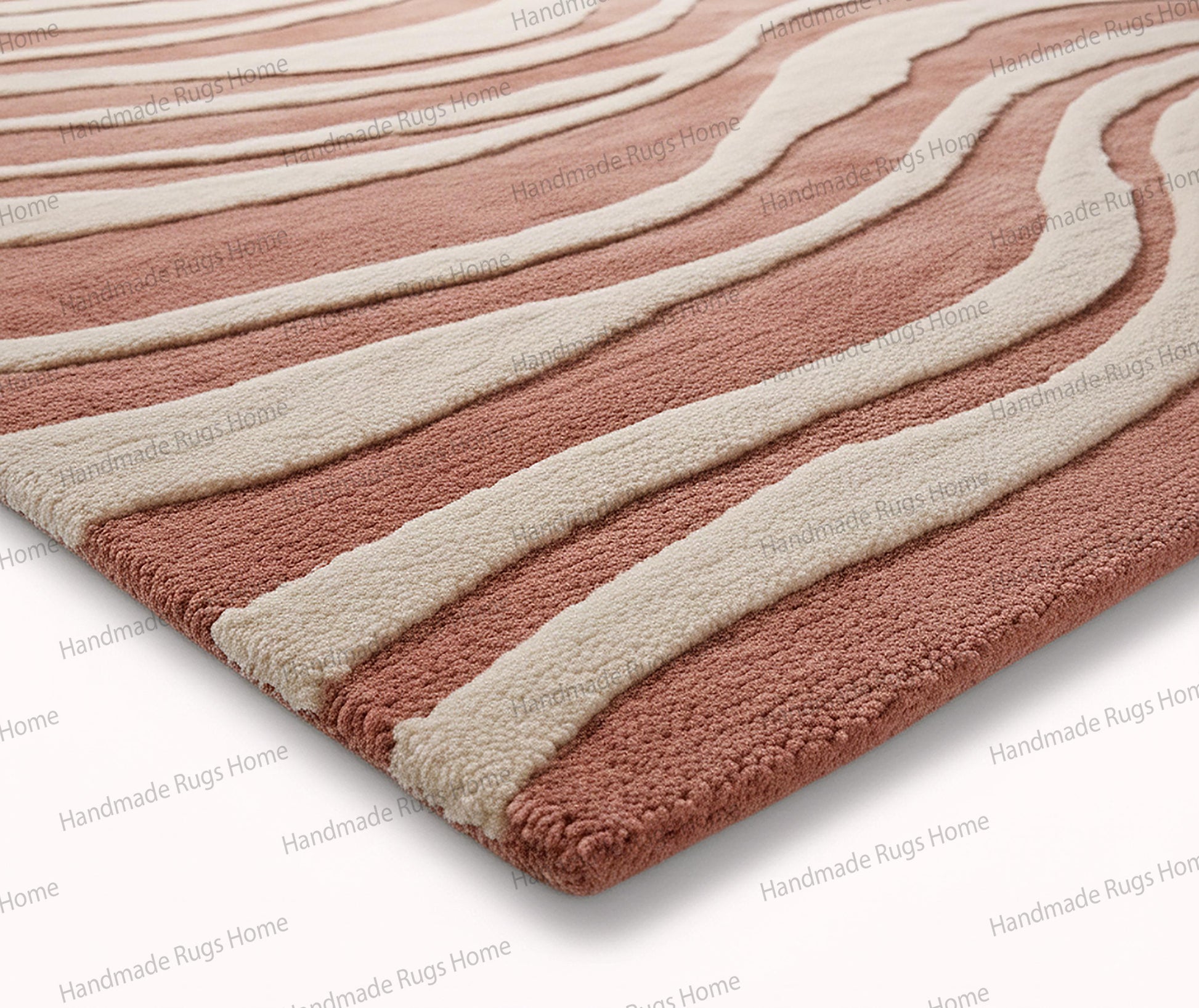 Thick woollen area rug providing texture, comfort, and warmth to a classic modern room,

Artistic floor decoration with free-form curvy stripes in soothing warm gradients,

Rectangular rug design mimicking shifting desert sand dunes in pink and beige strata,

Elegant room styling featuring a large format hand-tufted textile centerpiece,

Soft underfoot flooring made of natural fibers with a bold graphic wave motif.