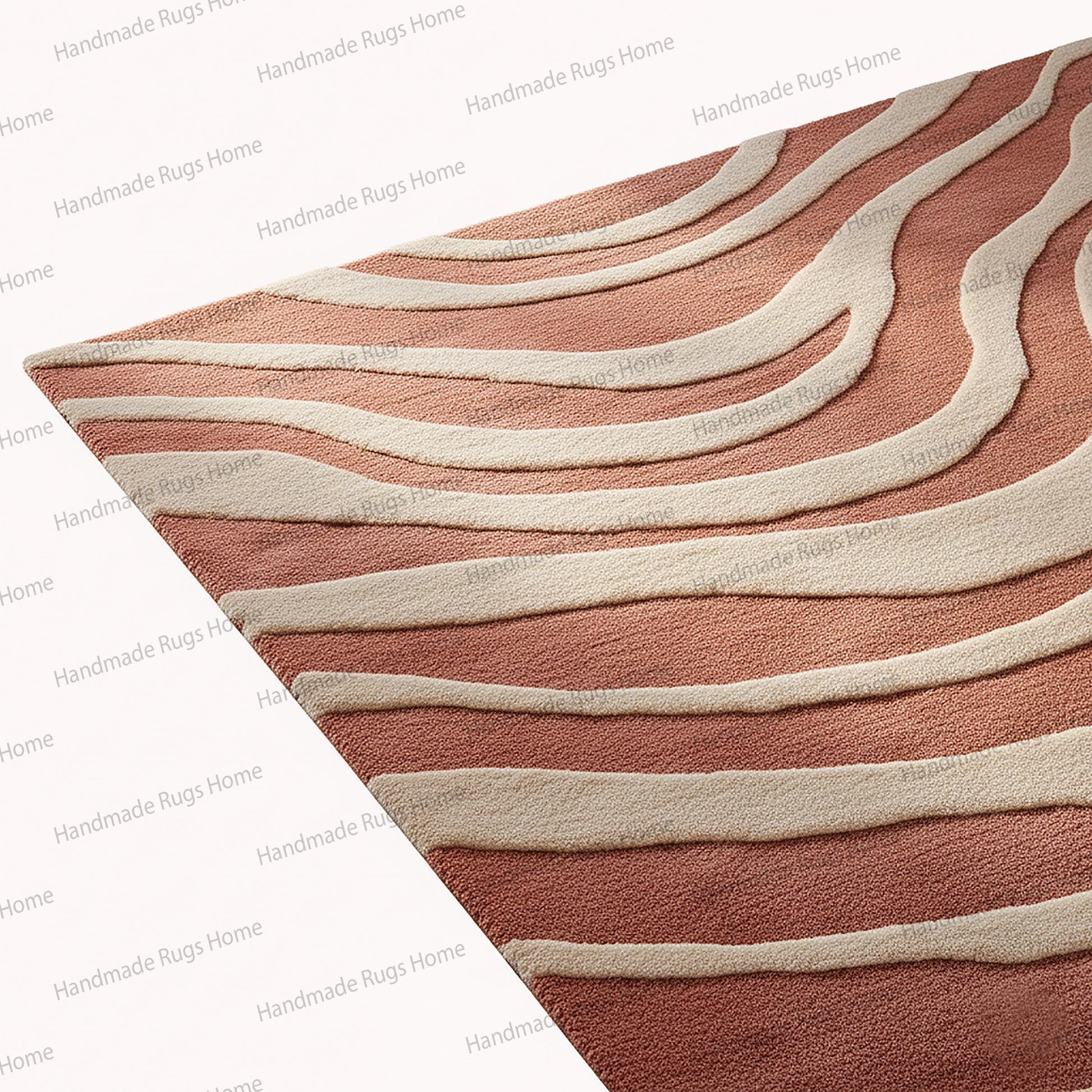 Large scale patterned rug perfect for placement under dining tables or sofa sets,
Custom look floor art with sophisticated, striated color banding and texture,

Bohemian chic style meets modern luxury in this wavy woollen floor covering,

The perfect foundation piece for a warm color palette room makeover project,
Superior hand-tufted craftsmanship visible in the dense texture of the rug pile,

A winding path pattern rug that leads the eye across a spacious living area,