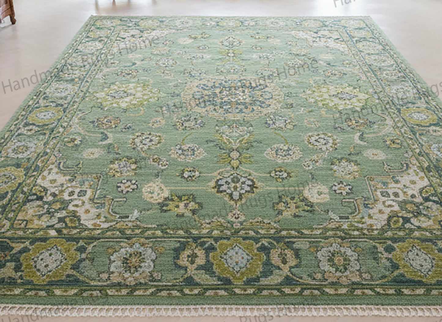 Handmade Oushak Green Carpet, Oriental Wool Rug for Living Room, Eco-Friendly Vintage Style