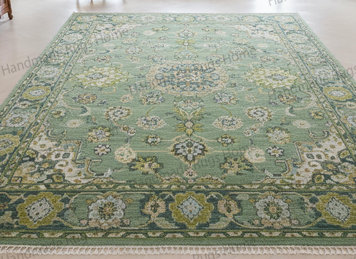 Handmade Oushak Green Carpet, Oriental Wool Rug for Living Room, Eco-Friendly Vintage Style