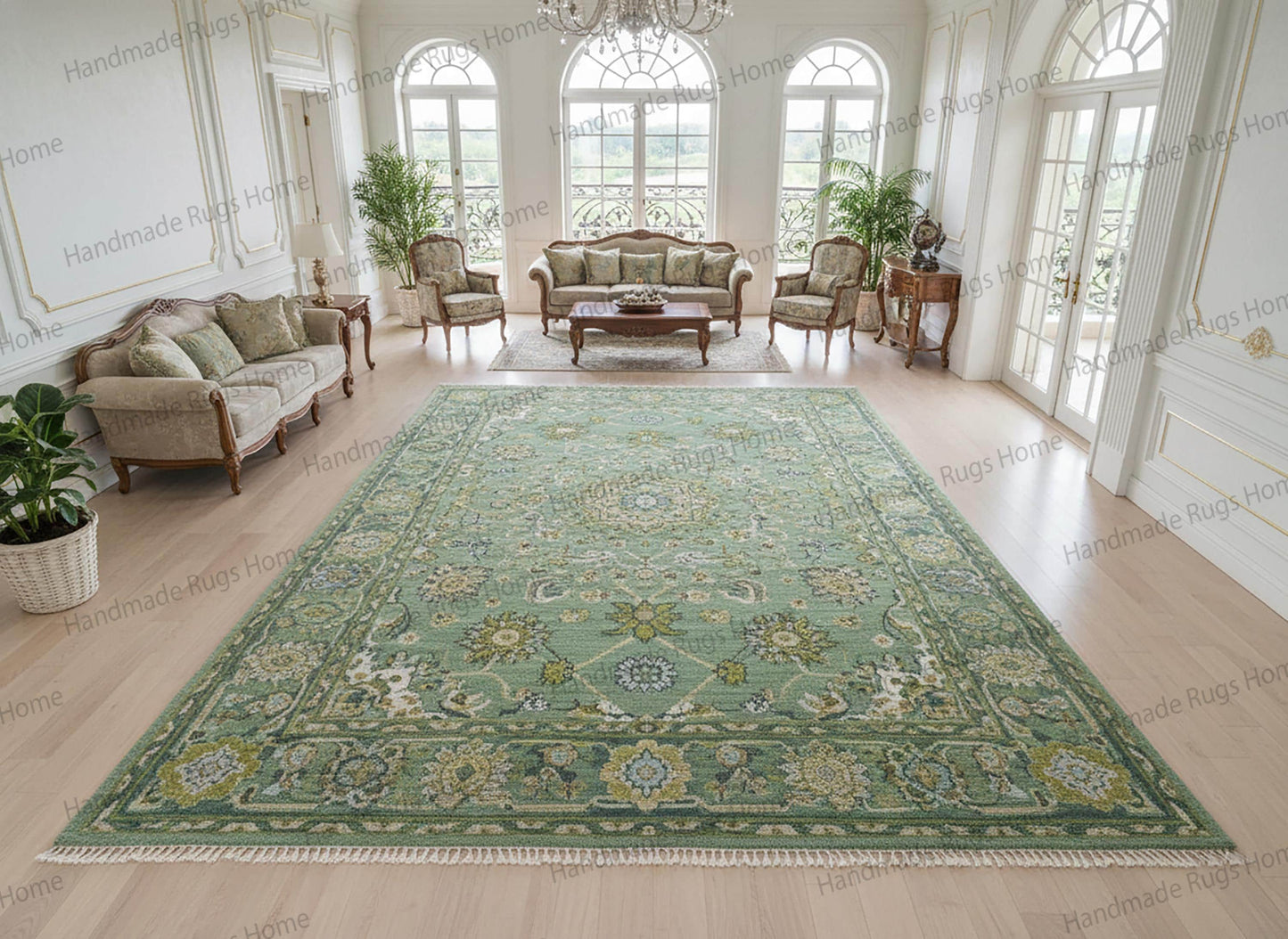 Handmade Oushak Green Carpet, Oriental Wool Rug for Living Room, Eco-Friendly Vintage Style