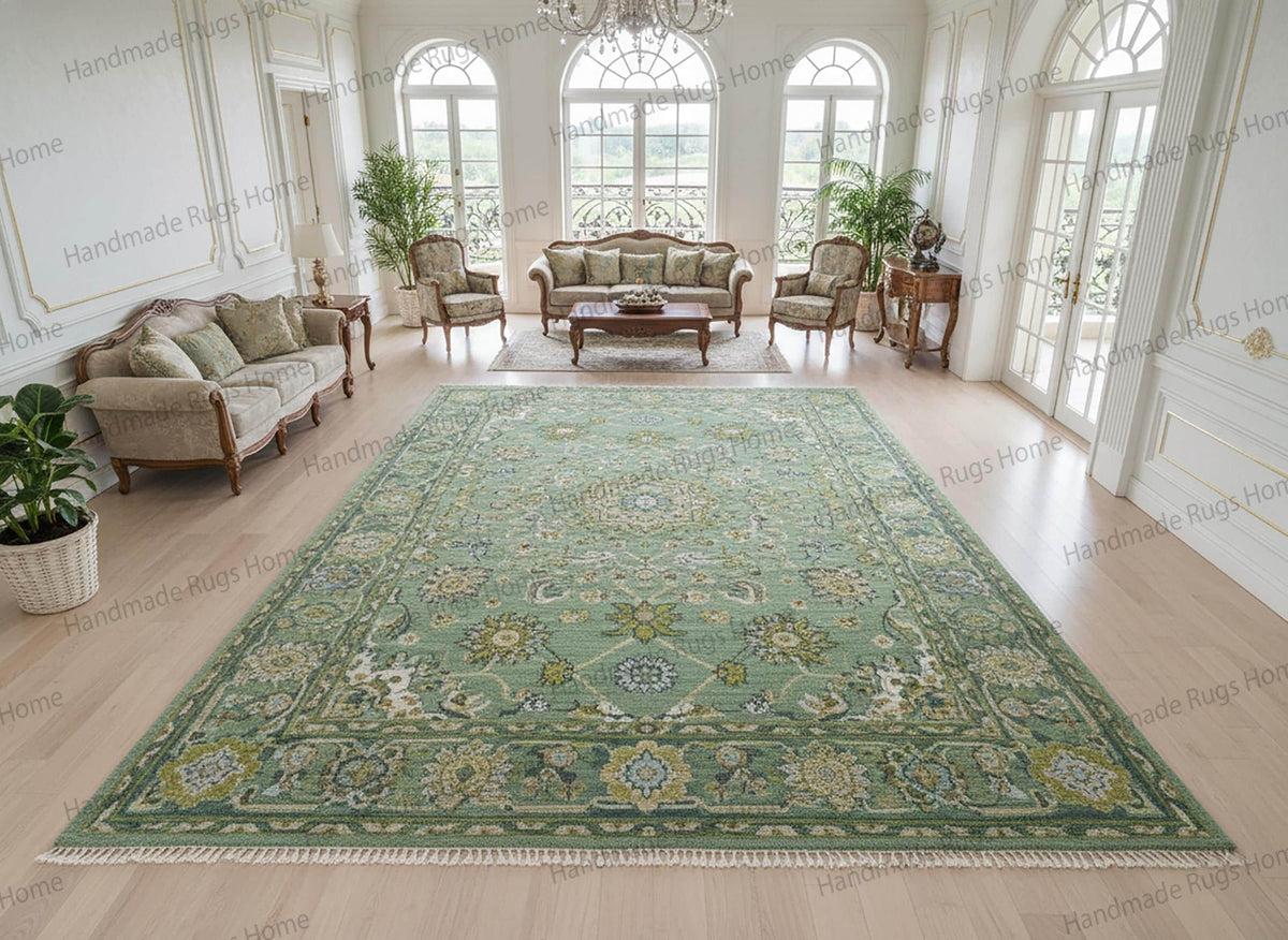 Handmade Oushak Green Carpet, Oriental Wool Rug for Living Room, Eco-Friendly Vintage Style