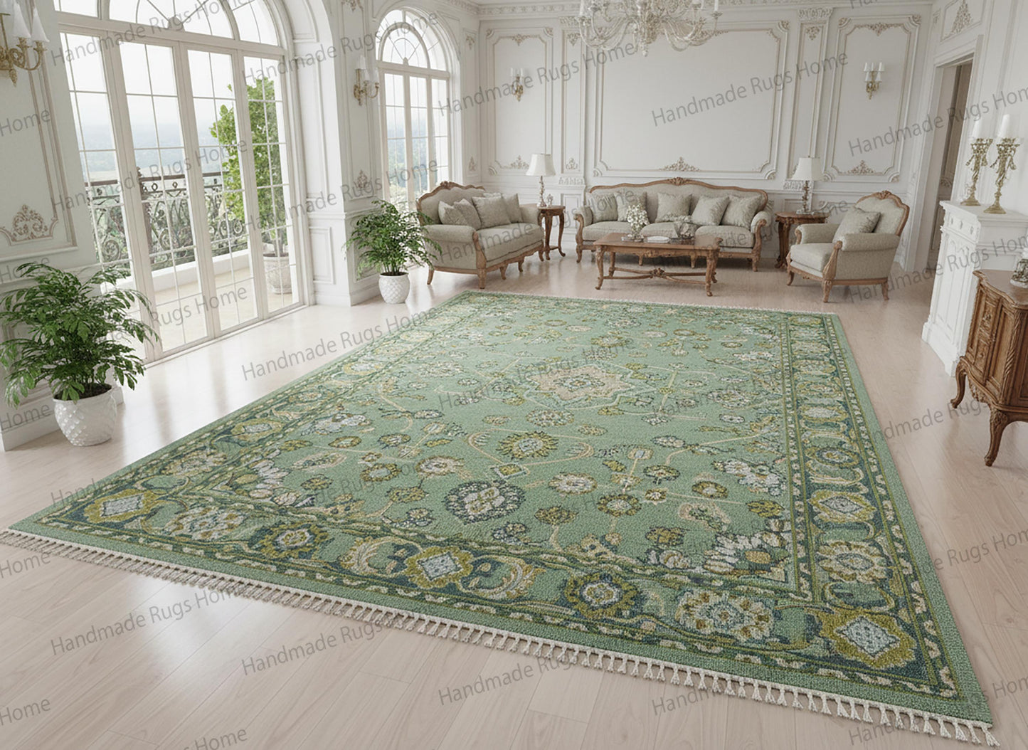 Handmade Oushak Green Carpet, Oriental Wool Rug for Living Room, Eco-Friendly Vintage Style