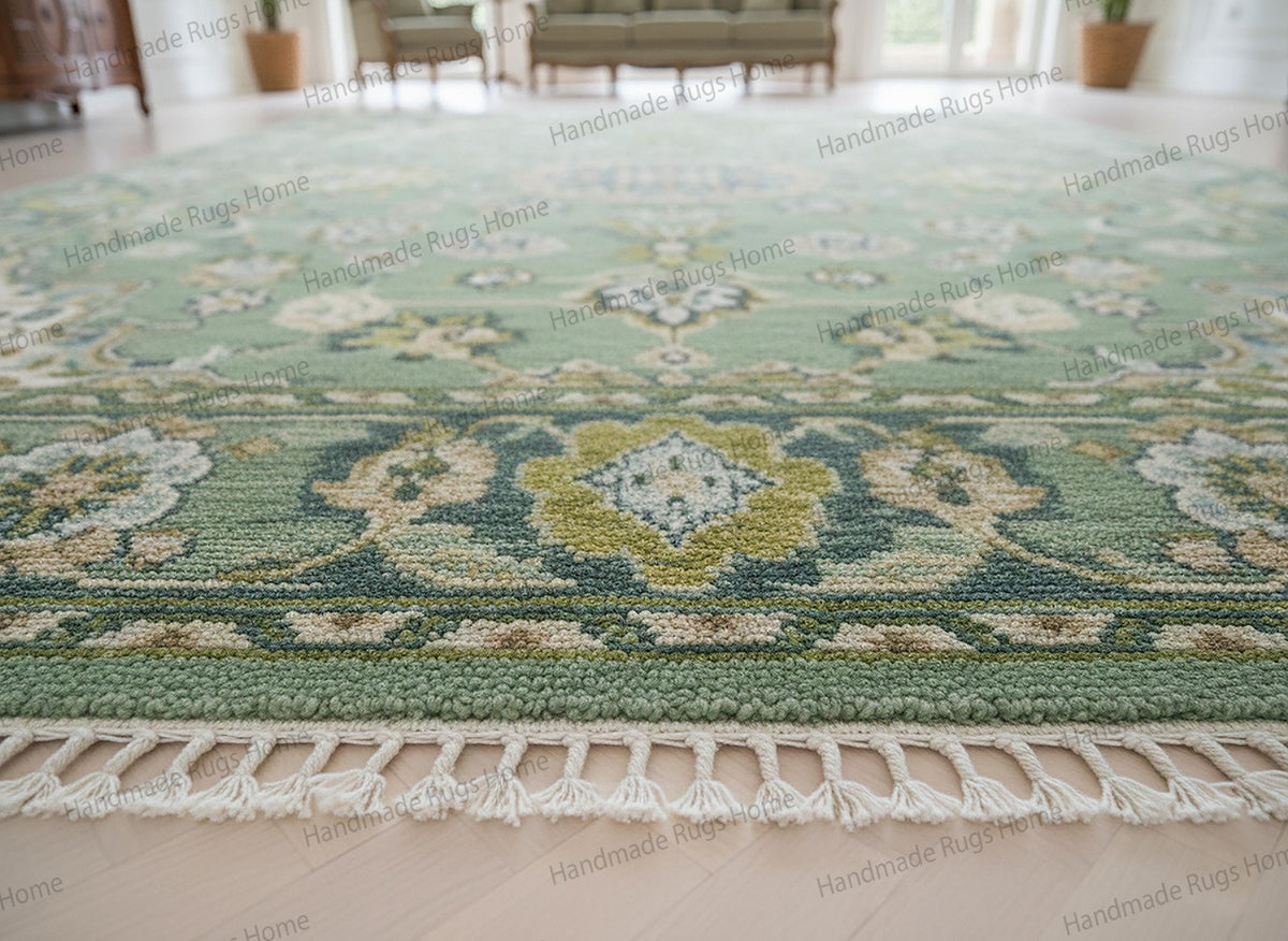 Handmade Oushak Green Carpet, Oriental Wool Rug for Living Room, Eco-Friendly Vintage Style