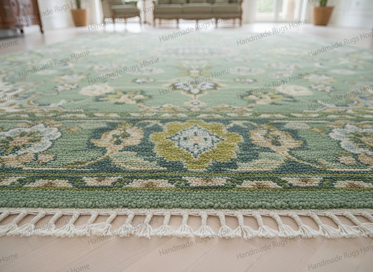 Handmade Oushak Green Carpet, Oriental Wool Rug for Living Room, Eco-Friendly Vintage Style