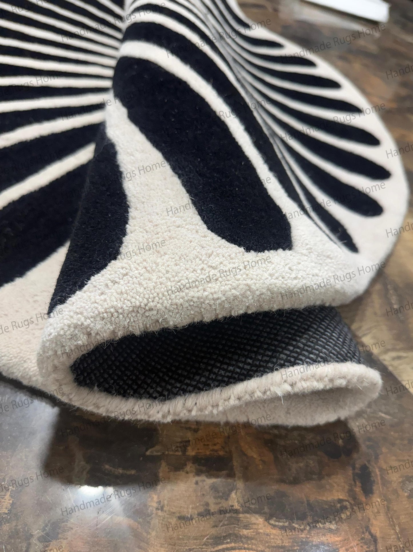 Unique floor decor artisan made hand tufted texture,

Large custom size round rug black rays design,

Mid century modern vibe circle area rug wool.
