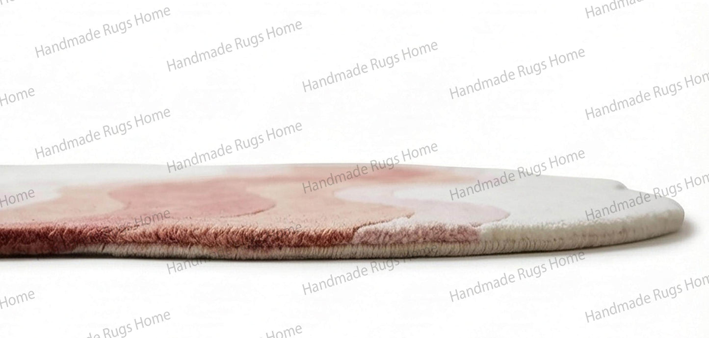 Elegant living room setup anchored by a funky pink rug,

Boho chic nursery decor idea with soft play mat,

Retro 70s inspired interior design with groovy floor art,

Bedroom bedside rug adding warmth to hardwood floors,

Eclectic home styling featuring a curved statement piece,

Luxury lounge area with gold accents and abstract carpet,

Aesthetic room makeover essential for trendy apartments.