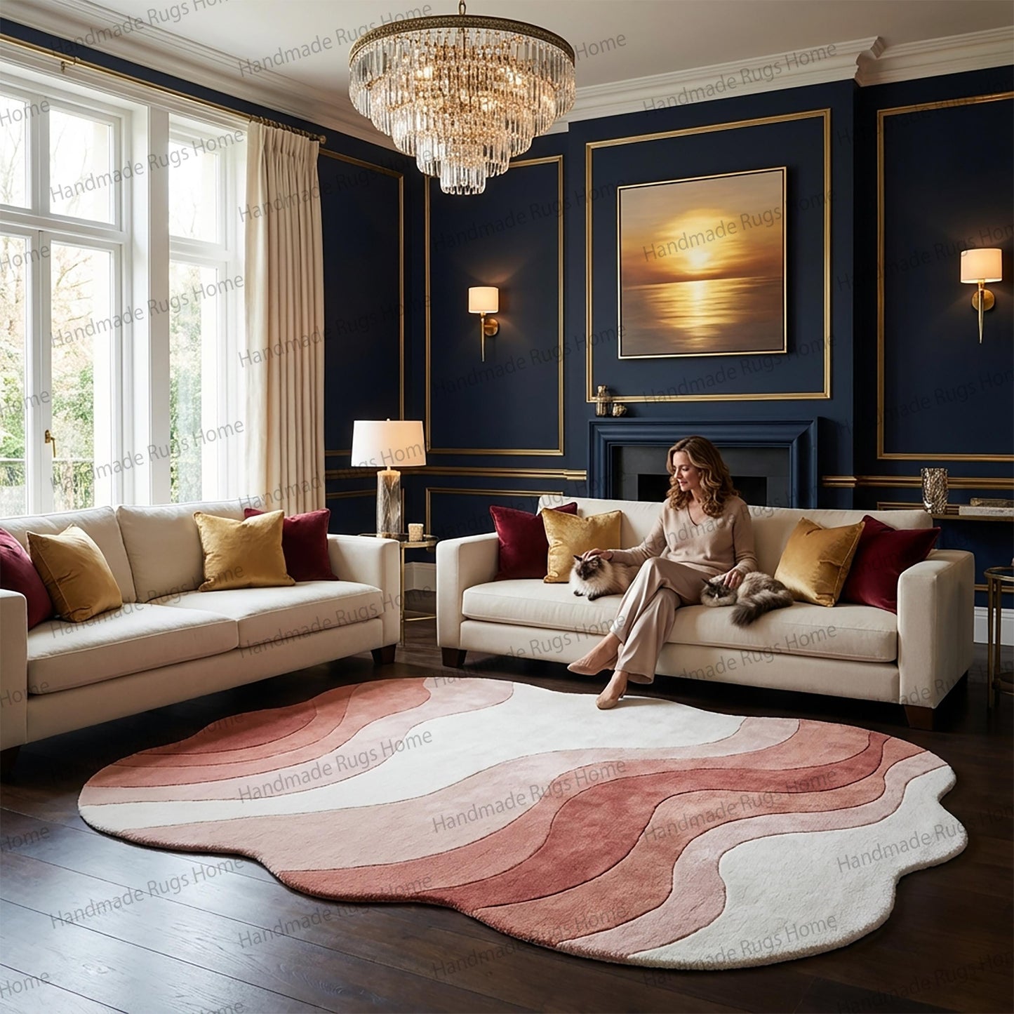 Hand tufted wool rug featuring an organic irregular wavy shape.