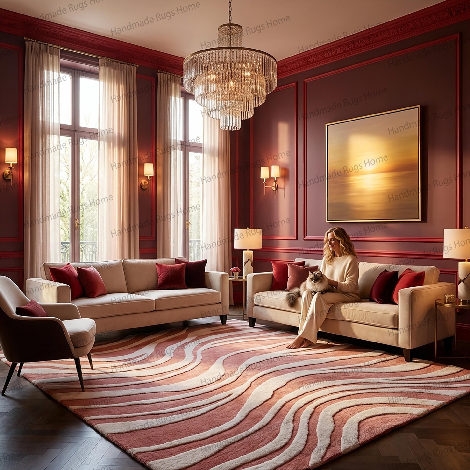 Large rectangular hand tufted wool area rug with abstract wavy pattern in a luxury living room setting.