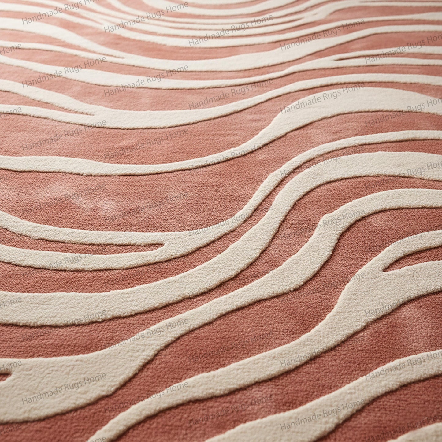 Modern floor carpet featuring undulating fluid lines in dusty rose, rust, and creamy white colors.