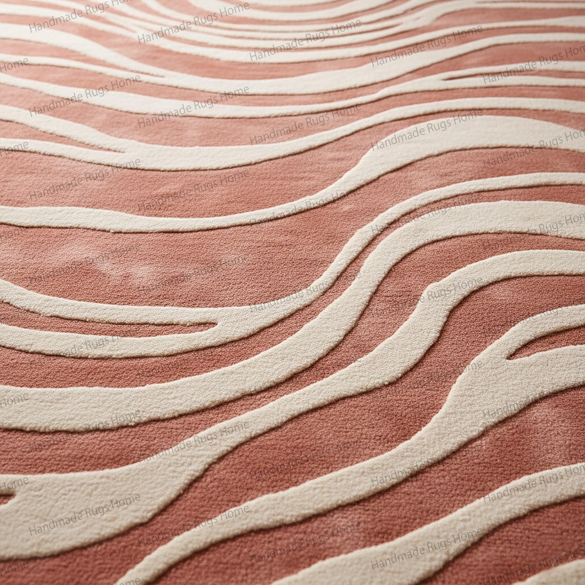 Modern floor carpet featuring undulating fluid lines in dusty rose, rust, and creamy white colors.