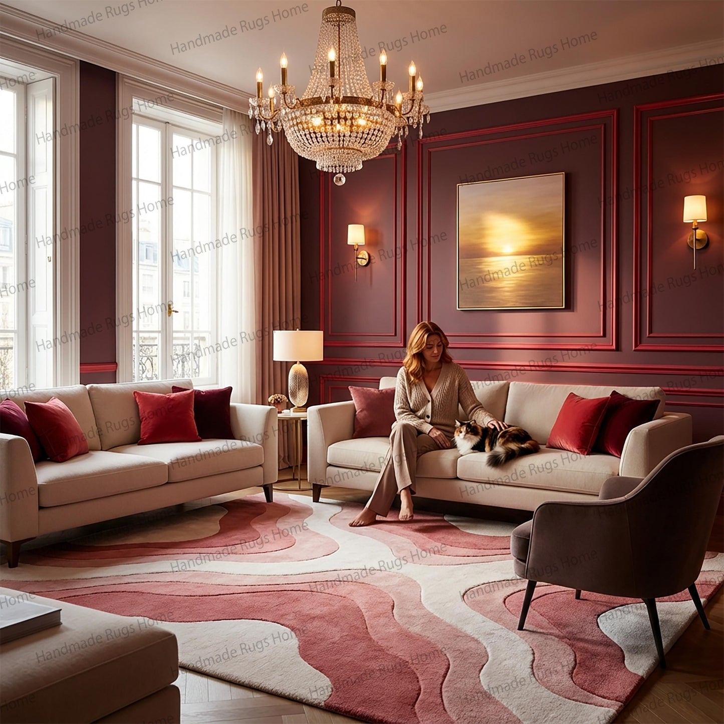 Luxury hand tufted wool rug with pink and red waves,

Modern abstract area rug in burgundy and cream colors,

Plush wool carpet for elegant living room decor,

Dusty rose and deep wine colored floor covering
