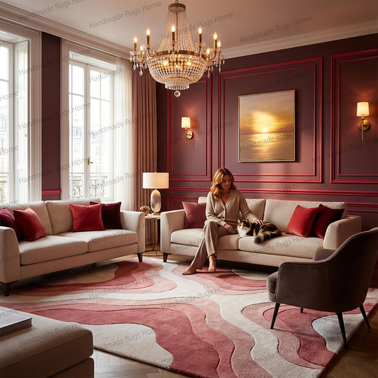 Luxury hand tufted wool rug with pink and red waves,

Modern abstract area rug in burgundy and cream colors,

Plush wool carpet for elegant living room decor,

Dusty rose and deep wine colored floor covering