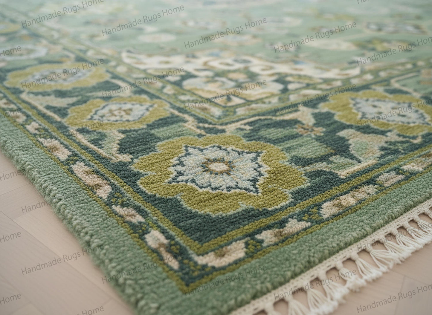 Handmade Oushak Green Carpet, Oriental Wool Rug for Living Room, Eco-Friendly Vintage Style