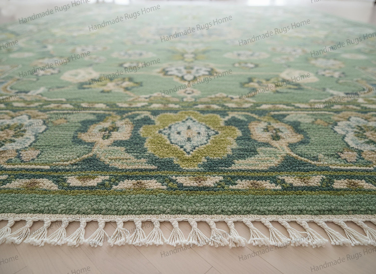 Handmade Oushak Green Carpet, Oriental Wool Rug for Living Room, Eco-Friendly Vintage Style
