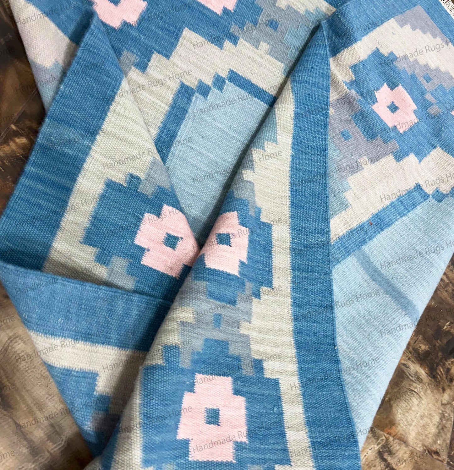 handmade blue wool durrie rug