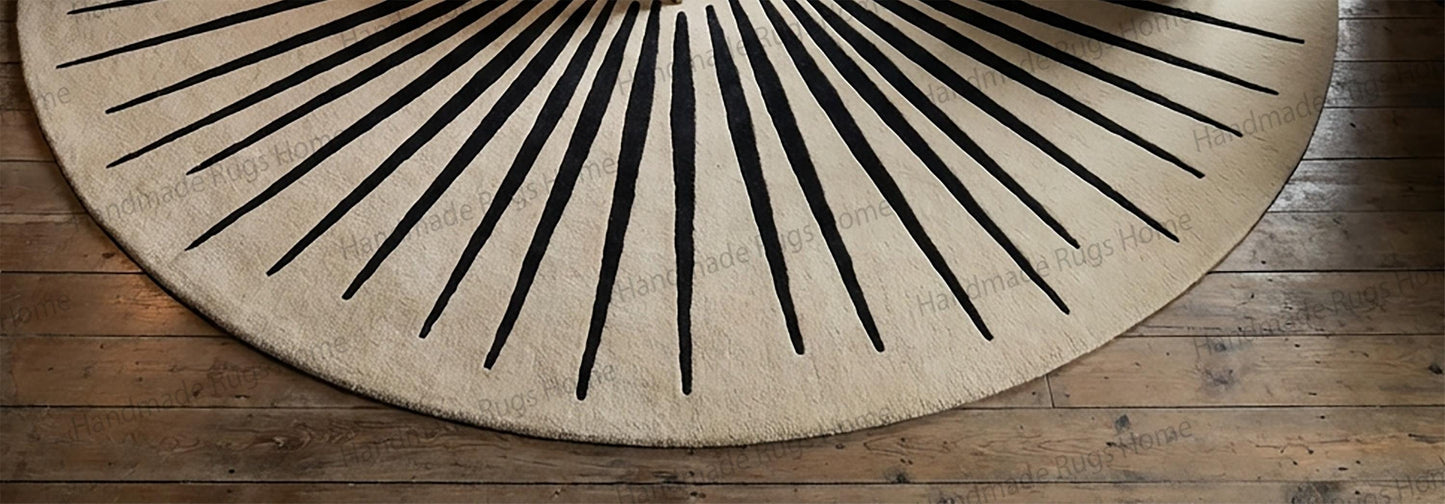 Hand Tufted Wool Round Rug, Geometric Sunburst Design, Modern Living Room Carpet