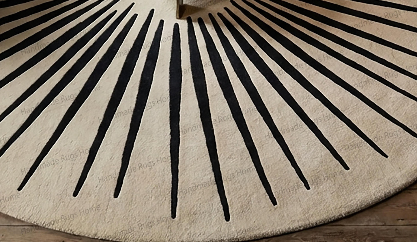 Hand Tufted Wool Round Rug, Geometric Sunburst Design, Modern Living Room Carpet