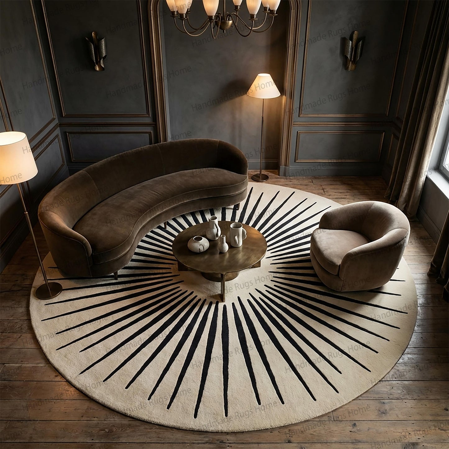 Hand Tufted Wool Round Rug, Geometric Sunburst Design, Modern Living Room Carpet