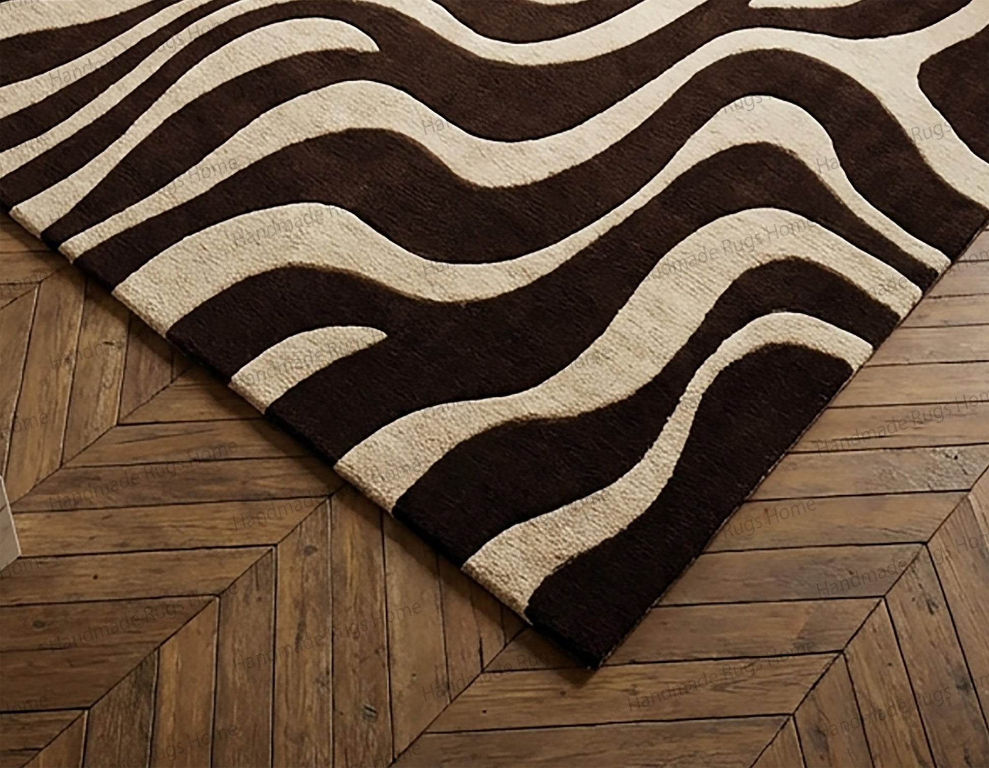 elegant brown ivory rug modern space,

abstract wave rug on wooden flooring,

luxury artisan rug living room setup,

soft wool rug with organic curves,

contemporary designer rug home interior,

neutral sculptural rug modern decor,

premium quality hand tufted carpet,

luxury wool rug artistic floor design,

modern abstract rug elegant interior