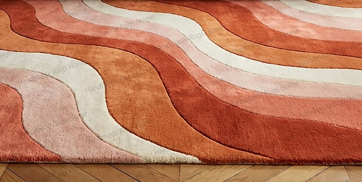 Hand-Tufted Wool Rug, Abstract Waves, Earth Tones, Handmade