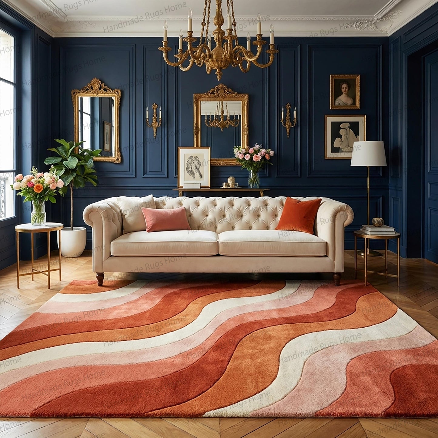 Hand-Tufted Wool Rug, Abstract Waves, Earth Tones, Handmade
