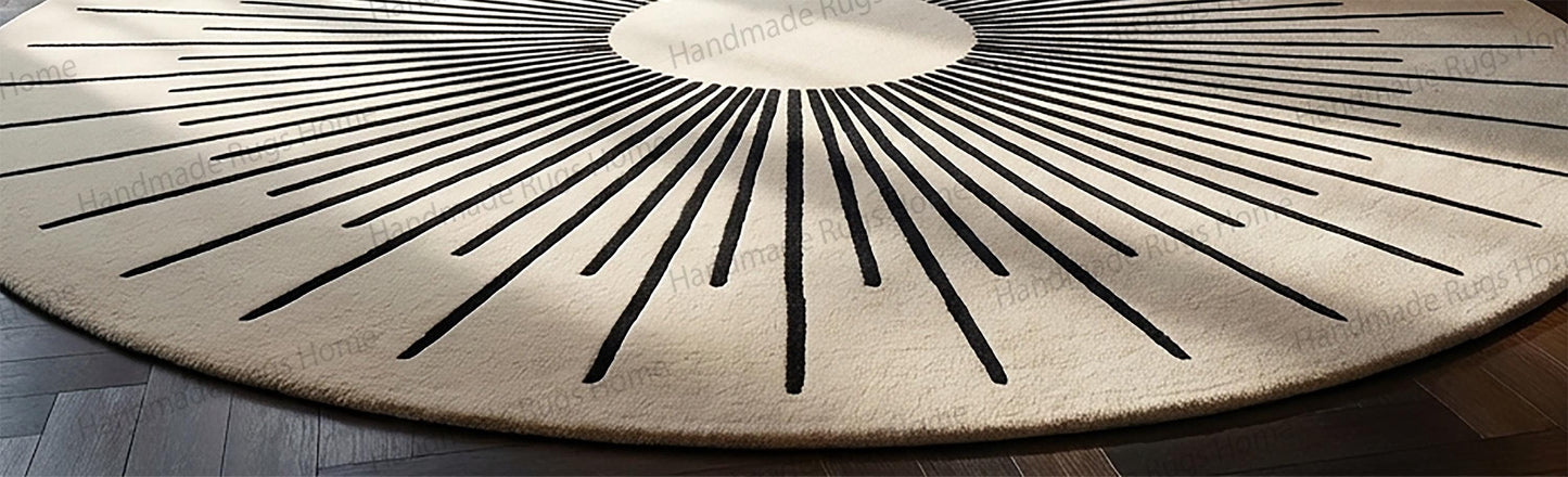 Midnight Sunburst Wool Rug: Hand-Tufted Round Geometric Area Rug