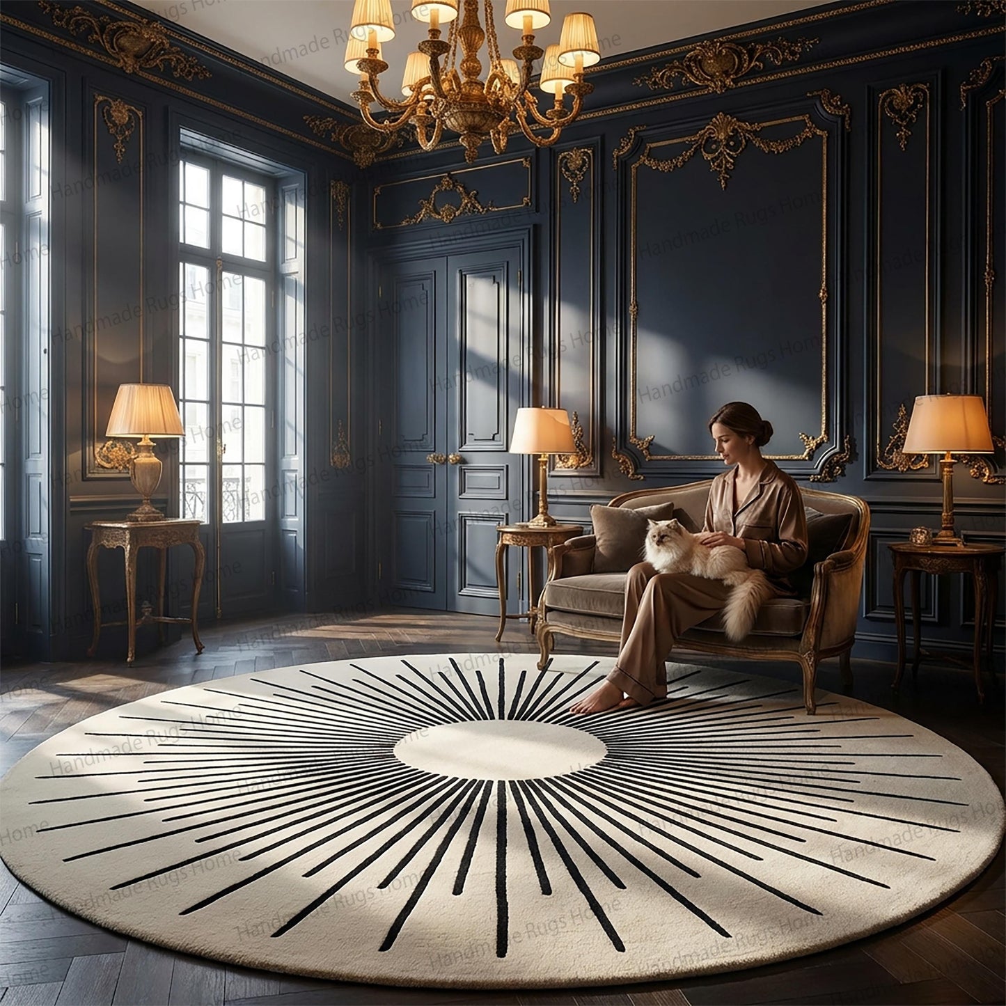 Midnight Sunburst Wool Rug: Hand-Tufted Round Geometric Area Rug