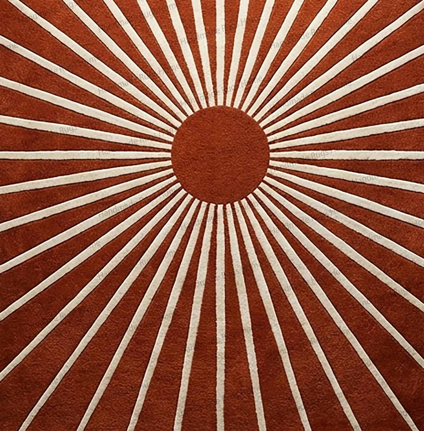 Modern sunburst rug hanging straight against a clean white gallery wall,

Large round rug with jagged edges and a central sunburst motif in copper and cream.