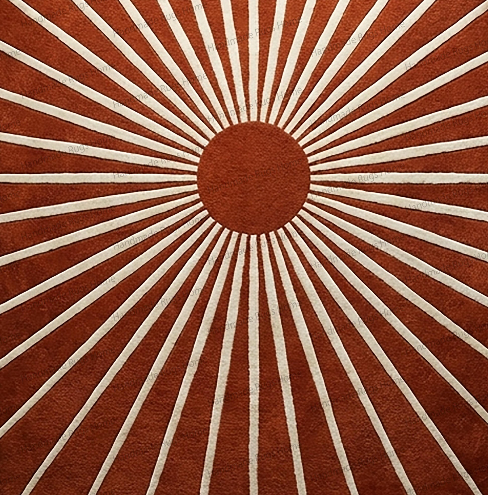 Modern sunburst rug hanging straight against a clean white gallery wall,

Large round rug with jagged edges and a central sunburst motif in copper and cream.