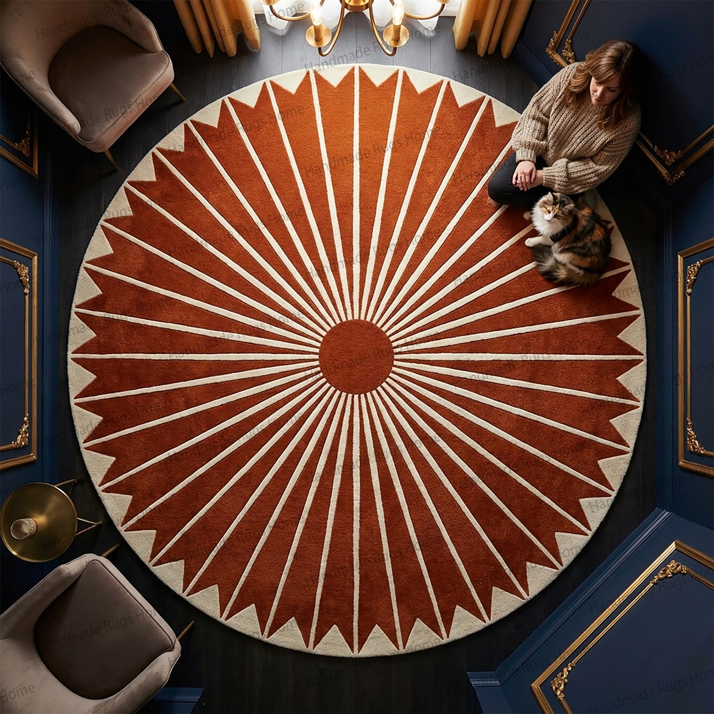 Hand tufted round wool rug featuring a burnt orange sunburst pattern on a white background.