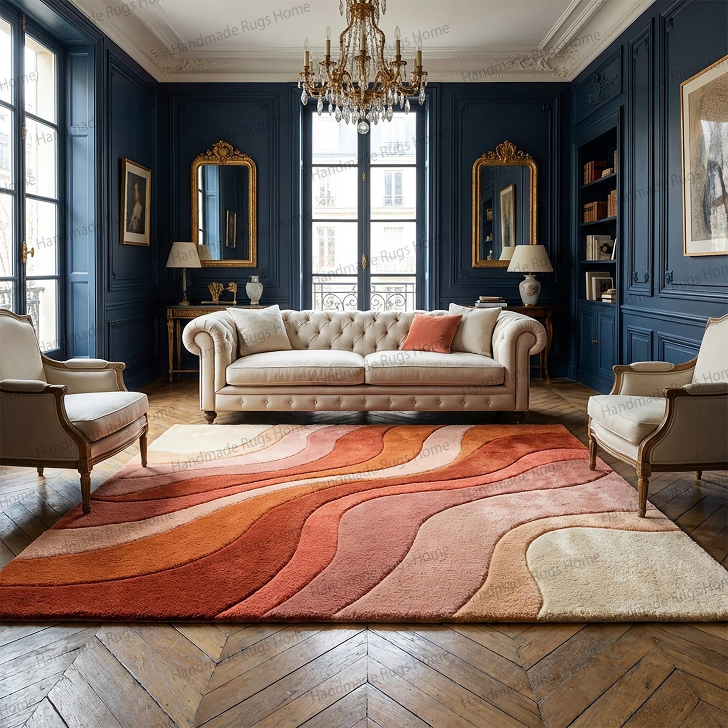 High end abstract rug with flowing curved pattern,

Designer wool rug in burnt orange and peach shades,

Artistic statement carpet for sophisticated interior,

Plush handmade wool rug with carved wave detailing