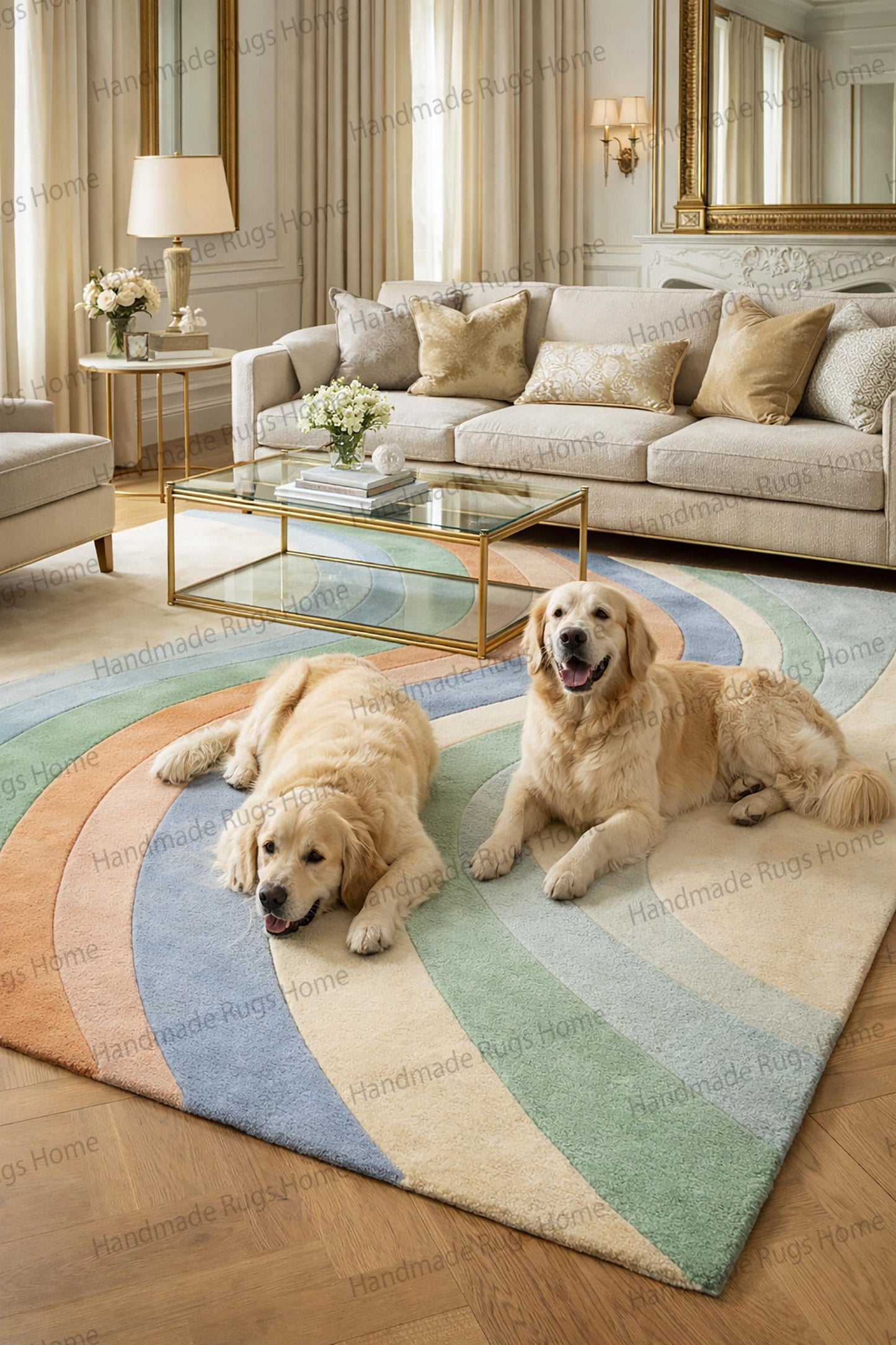 Luxury hand tufted wool rug with pastel wave pattern,

Modern pastel area rug for elegant living room,

Contemporary wool carpet in sage blue peach tones,

Scandinavian style abstract wave floor covering