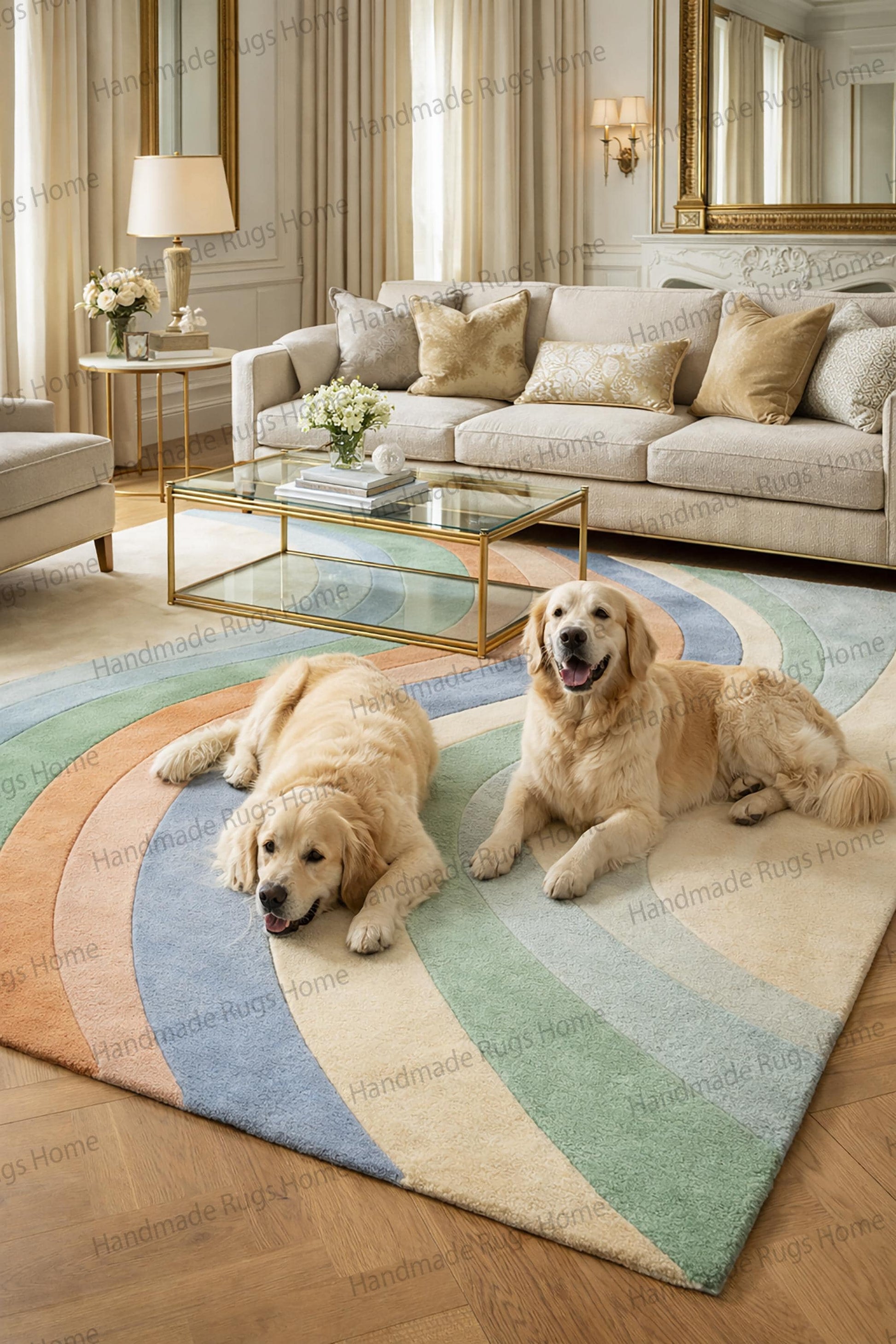 Luxury hand tufted wool rug with pastel wave pattern,

Modern pastel area rug for elegant living room,

Contemporary wool carpet in sage blue peach tones,

Scandinavian style abstract wave floor covering