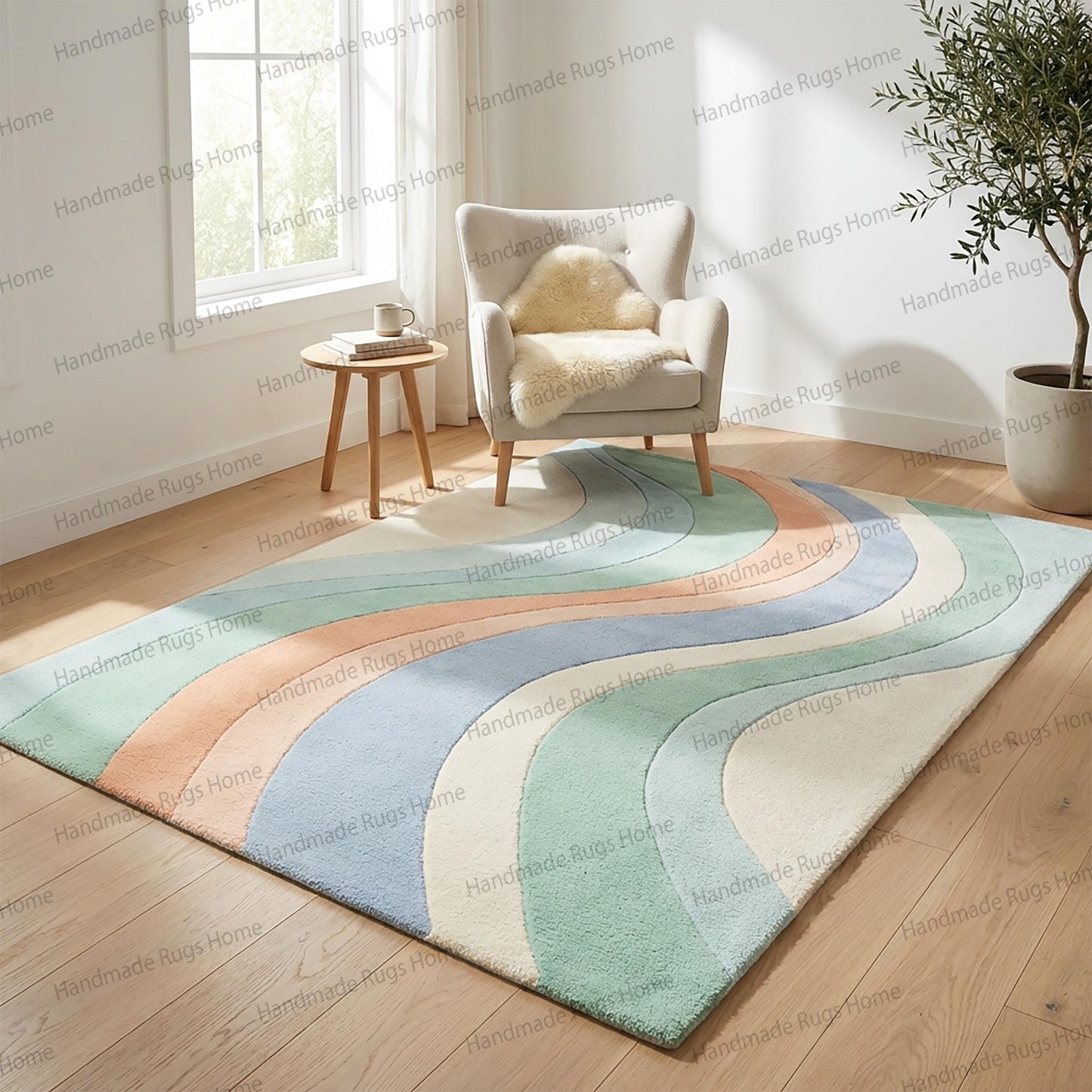 Modern decorative wool area rug,

Elegant handcrafted floor covering,

Luxury pastel wave rug for stylish homes