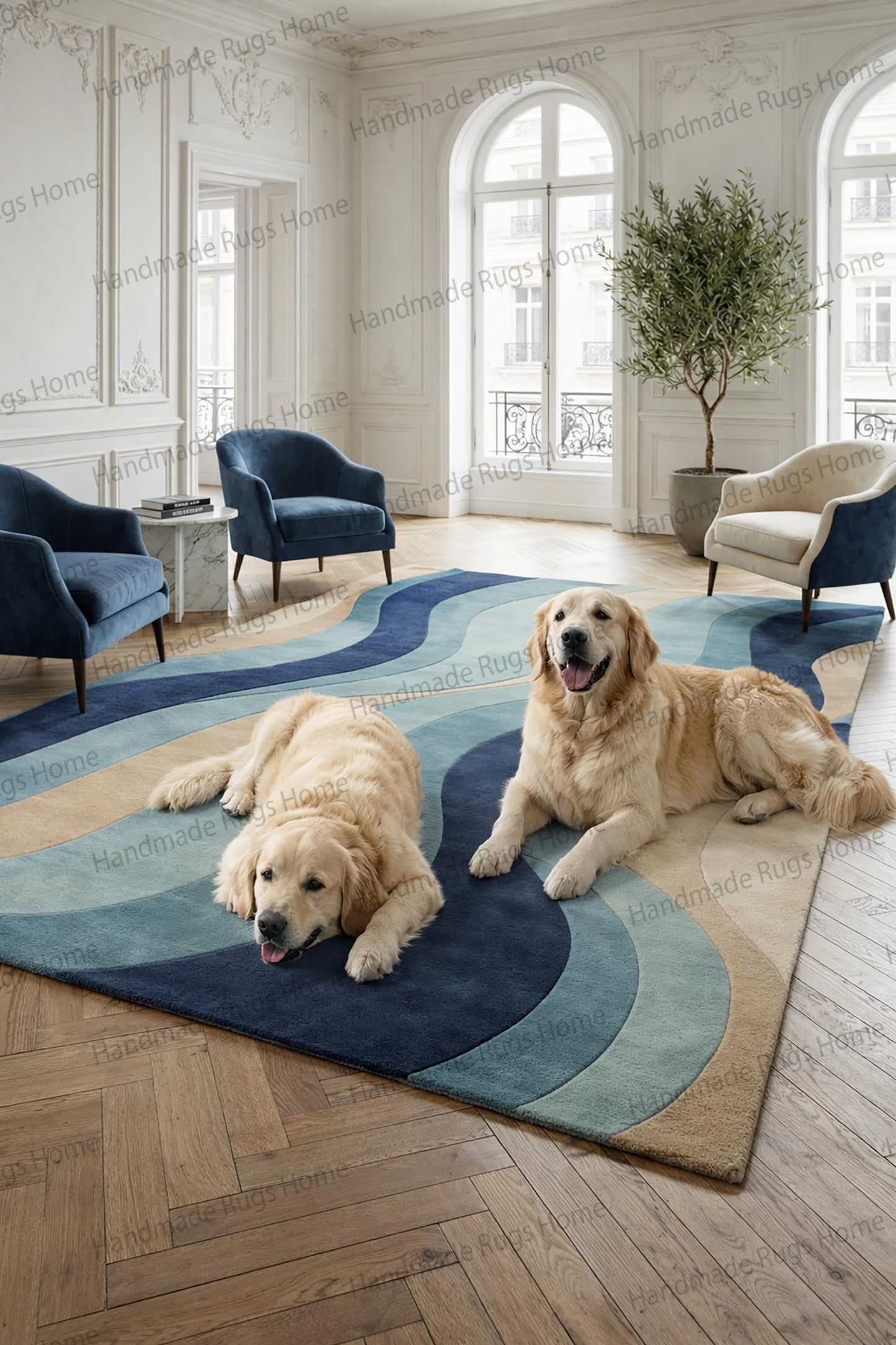 Luxury hand tufted wool rug in navy and teal waves,

Modern abstract blue area rug for elegant living room,

Designer wool carpet with flowing curved pattern,

Premium navy teal statement rug for upscale interior