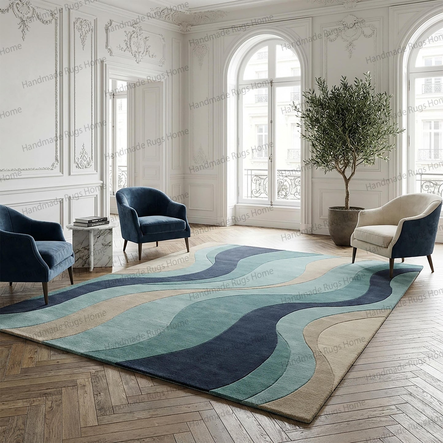 Contemporary hand crafted floor covering,

Sculpted wool area rug with ocean inspired tones,

High end modern living room carpet,

Artisan made abstract wave rug,

Elegant navy blue and sand wool carpet,

Luxury contemporary home decor rug,

Plush hand tufted wool floor art