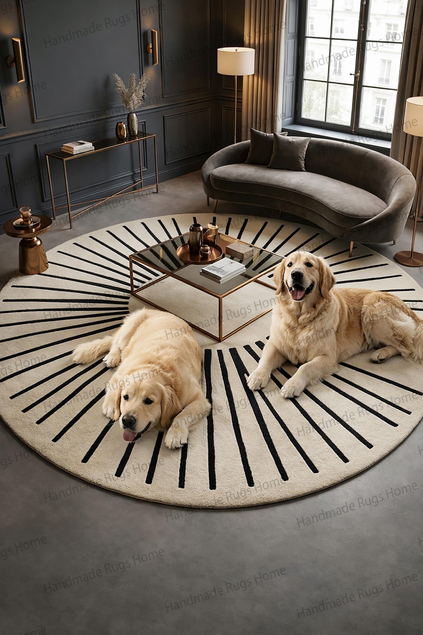 Midnightsunburst Round Wool Area Rug, Hand Tufted Rug